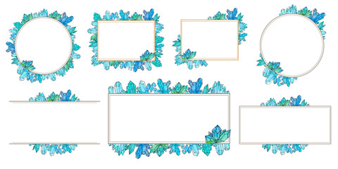 Hand painted watercolor set of crystals templates isolated on white background.