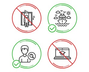 Do or Stop. Ship travel, Search people and Elevator icons simple set. Website education sign. Cruise transport, Find profile, Lift. Video learning. Business set. Line ship travel do icon. Vector