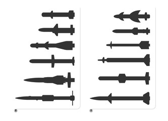 Black vector silhouette of fighter aircraft missiles is on white.