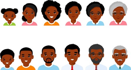 Stages of development people - infancy, childhood, youth, maturity, old age. Set of african american age group avatars male female in colorful style. 