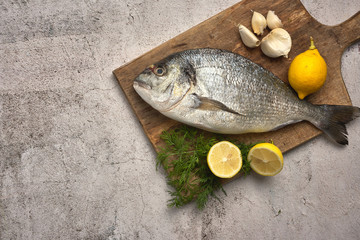 Fresh raw sea bream fish decorated with lemon slices, herbs and sea shells on background. Healthy food concept, top view, copy space. Dorado,