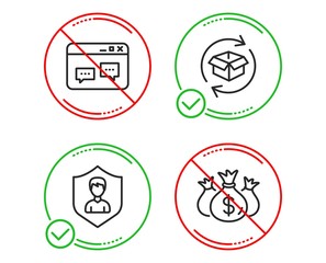 Do or Stop. Security agency, Return parcel and Browser window icons simple set. Check investment sign. People protection, Exchange of goods, Website chat. Business report. Business set. Vector