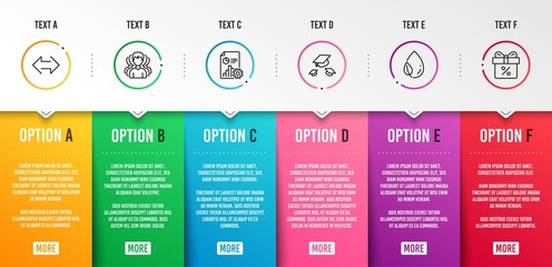 Group, Report and Throw hats icons simple set. Sync, Leaf dew and Discount offer signs. Headhunting service, Presentation document. Business set. Infographic template. 6 steps timeline. Vector