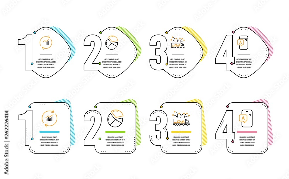 Poster pie chart, truck delivery and update data icons simple set. ab testing sign. presentation graph, log