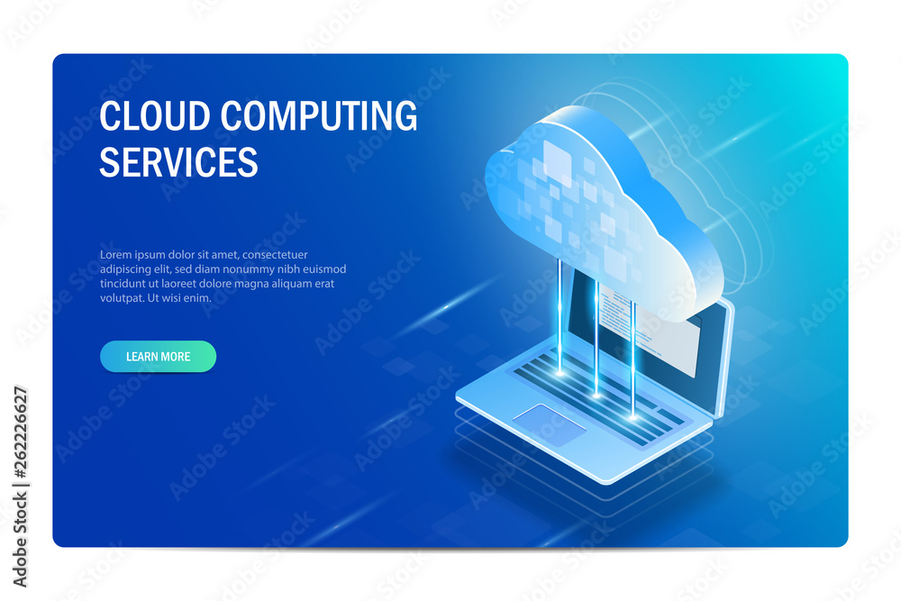 Poster cloud computing services isometric concept. the process of synchronizing files with a laptop. web si