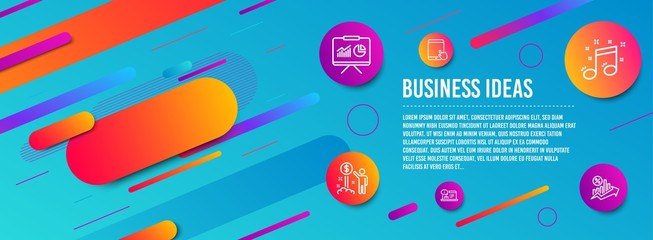 Header banner. Income money, Online documentation and Musical note icons simple set. Tablet pc, Presentation and Loan percent signs. Wealth, Web engineering. Business set. Line income money icon