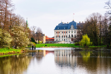Castle in Pszczyna town in Poland. Beautiful antique neo baroque castle during spring time and...