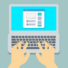 Flat Hands typing on laptop pastel background vector illustration.Working with computer.