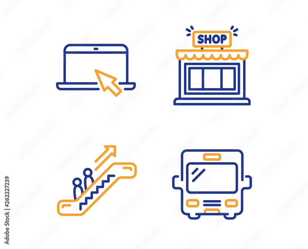 Poster portable computer, escalator and shop icons simple set. bus sign. notebook device, elevator, store. 