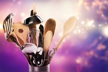 Set of kitchen utensils on background