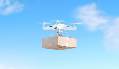 Blank white quadrocopter on sky background with box mock up, side view, 3d rendering. Empty...
