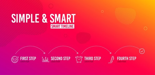 Infographic timeline. Alarm clock, Survey results and Confirmed icons simple set. Signature sign. Time, Best answer, Accepted message. Written pen. Business set. 4 steps layout. Vector