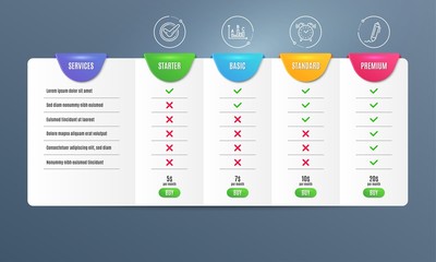 Alarm clock, Survey results and Confirmed icons simple set. Comparison table. Signature sign. Time, Best answer, Accepted message. Written pen. Business set. Pricing plan. Compare products. Vector