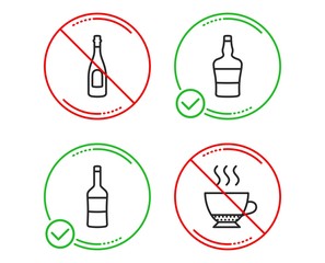 Do or Stop. Wine, Champagne and Scotch bottle icons simple set. Espresso sign. Merlot bottle, Celebration drink, Brandy alcohol. Hot drink. Food and drink set. Line wine do icon. Prohibited ban stop