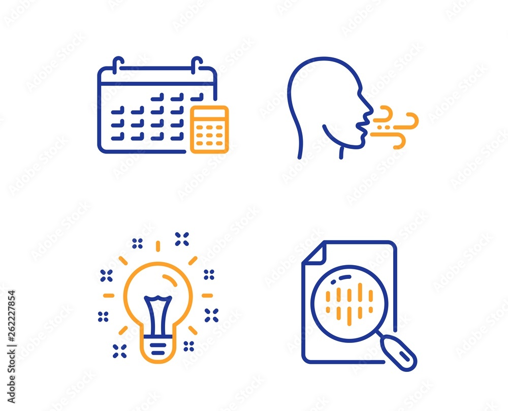 Aufkleber breathing exercise, idea and calendar icons simple set. analytics chart sign. breath, creativity, ca