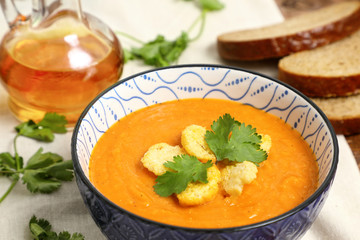 Delicious and healthy Lentil soup puree .Rich in vegetable protein lentil soup puree with croutons . close up. 