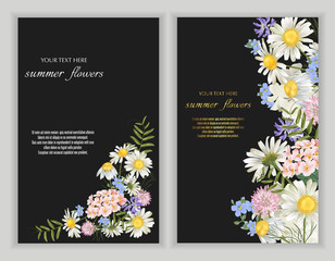 Set of Vector banners with wildflower flowers on black.