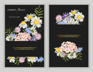 Set of Vector banners with wildflower flowers on black.
