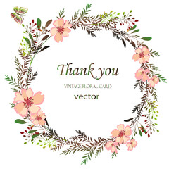 Wreath. Flower frame with pink flowers and decorative leaves.Vector Invitation design. Background to save the date.Greeting card.