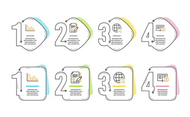 Histogram, Copywriting and Internet icons simple set. Facts sign. Economic trend, Ð¡opyright signature, World web. Important information. Education set. Infographic timeline. Line histogram icon