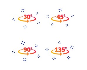 Angle 30-135 degrees icons. Geometry math signs symbols. Full complete rotation arrow. Random dynamic shapes. Gradient degree icon. Vector