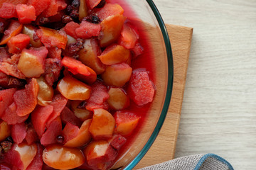 Cooked fruits and berries for compote. View from above. Cooking fruit compote and berries close-up. Healthy nutrition and vitamins.
