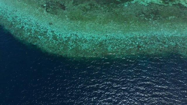 Aerial: Flying over tropical beach turquoise water coral reef , Tomia island Wakatobi National Park Indonesia Maldives Polynesia white sand beach