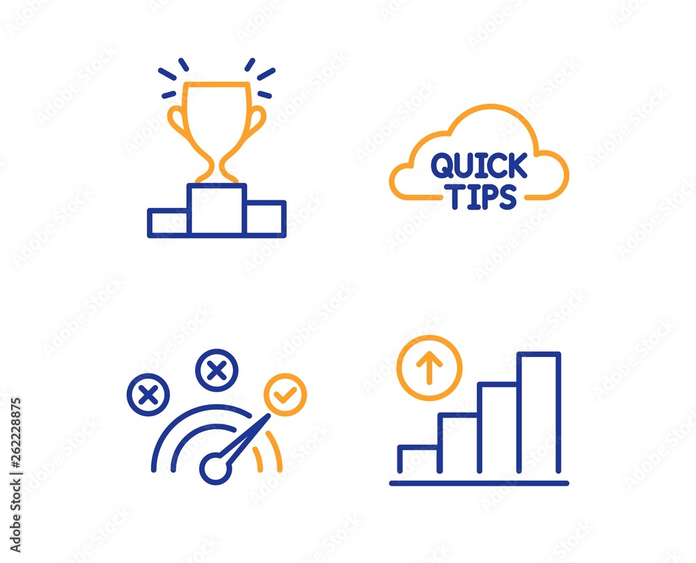 Poster quick tips, winner podium and correct answer icons simple set. graph chart sign. helpful tricks, com