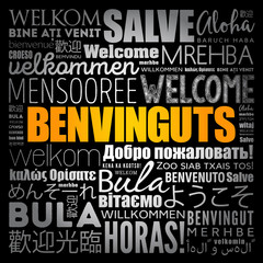 Benvinguts (Welcome in Catalan) word cloud in different languages, conceptual background
