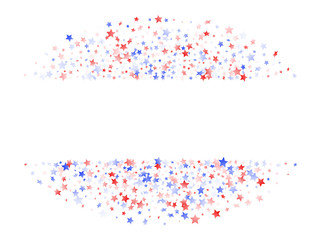 Flying red blue white star sparkles on white vector american patriotic background.