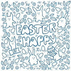 Сollection of easter rabbit in different poses with flowers, leaves and eggs around them. Vector