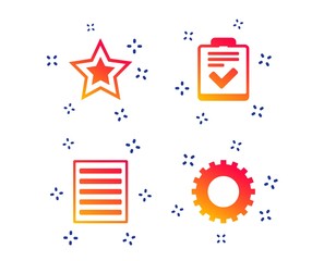 Star favorite and menu list icons. Checklist and cogwheel gear sign symbols. Random dynamic shapes. Gradient gear icon. Vector