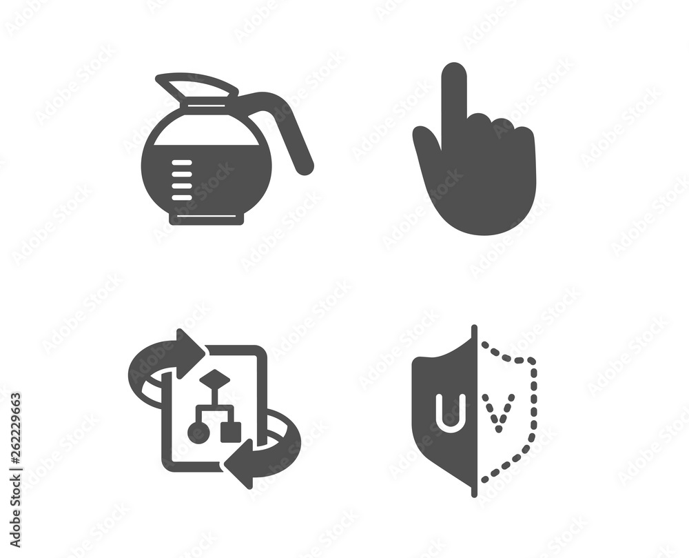Poster set of hand click, technical algorithm and coffeepot icons. uv protection sign. location pointer, pr