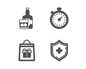Set of Holidays shopping, Whiskey glass and Timer icons. Medical shield sign. Gifts bag, Scotch drink, Stopwatch gadget. Medicine protection.  Classic design holidays shopping icon. Flat design