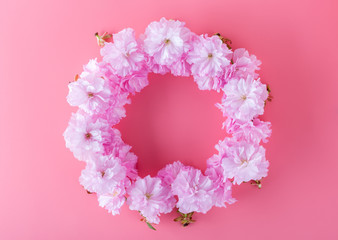 Round frame wreath pattern made of pink cherry blossoms