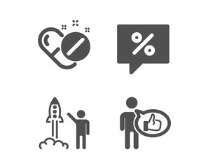 Obraz premium Set of Discount message, Medical pills and Launch project icons. Like sign. Special offer, Drugs, Business innovation. Thumbs up. Classic design discount message icon. Flat design. Vector