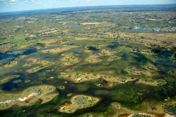 Botswana: Flying over the Okavango-Delta swamps in the Kalahari desert. The Delta faces the heaviest floods since 46 years.