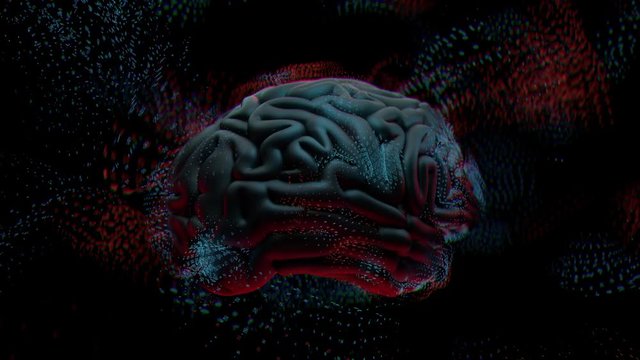 3d render abstract background with brain surrounded with polygonal structures. Complex mind concept. Technology and brain. Loopable animation.