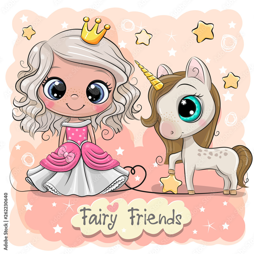 Sticker cute cartoon fairy tale princess and unicorn