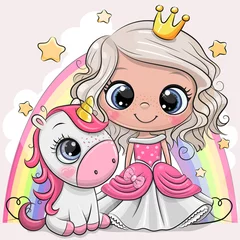 Photo sur Plexiglas Chambre fille Conte de fées de dessin animé mignon princesse et licorne