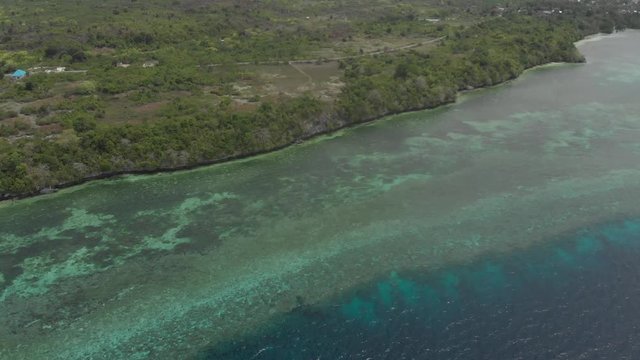 Aerial: Flying over tropical beach turquoise water coral reef , Tomia island Wakatobi National Park Indonesia Maldives Polynesia white sand beach. Native cinelike D-log color profile