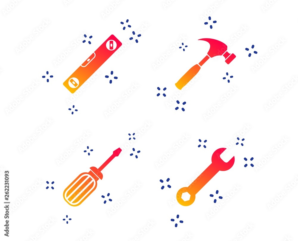 Poster screwdriver and wrench key tool icons. bubble level and hammer sign symbols. random dynamic shapes. 