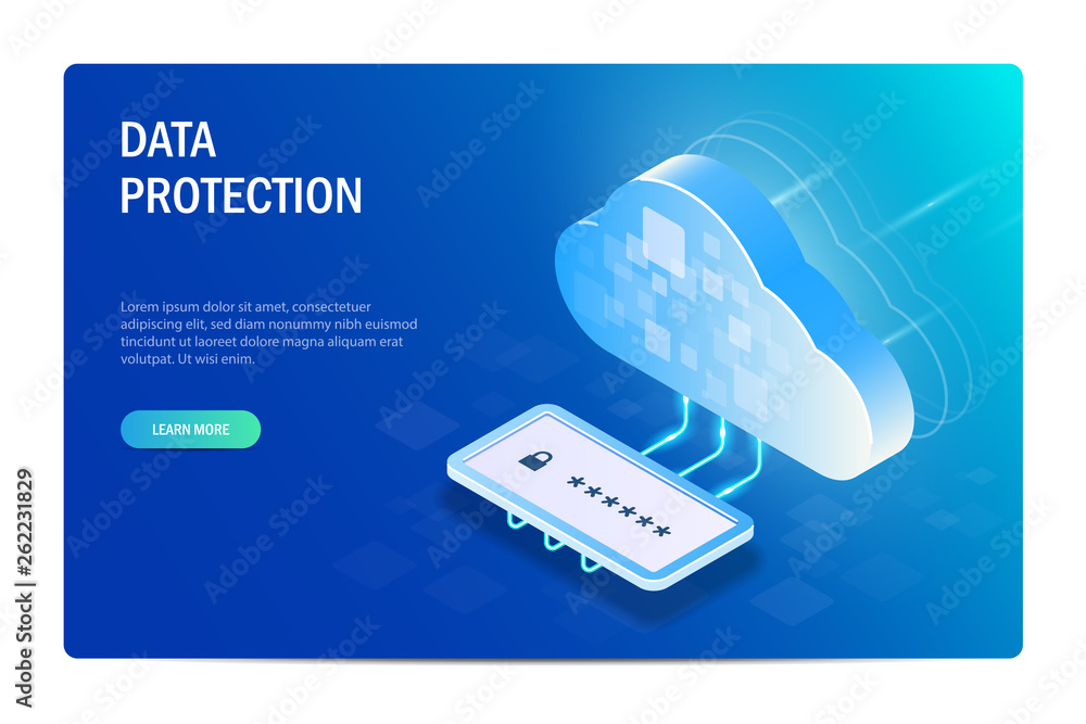 Wall mural cloud data protection with passord. isometric concept. access to files after verification of identit