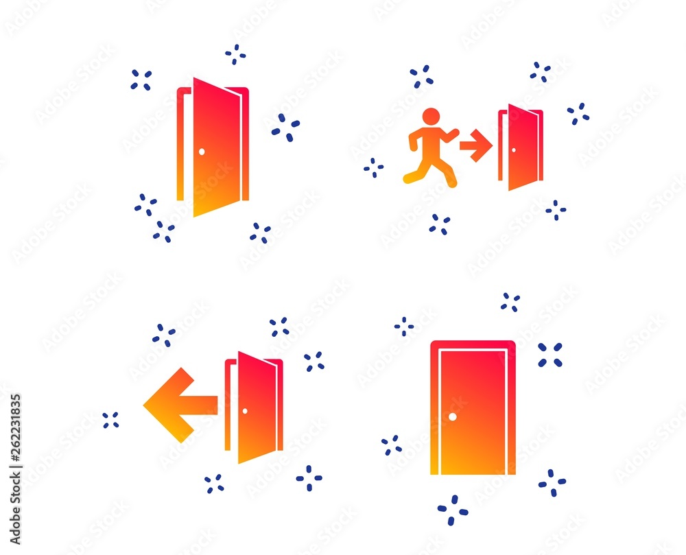 Poster doors icons. emergency exit with human figure and arrow symbols. fire exit signs. random dynamic sha