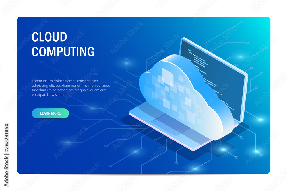 Poster cloud computing isometric concept. laptop on the background of the chip with access to the database.