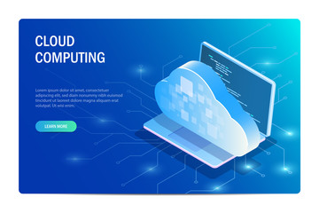 Cloud Computing Isometric Concept. Laptop on the background of the chip with access to the database. Web site template. Blue vector editable illustration.
