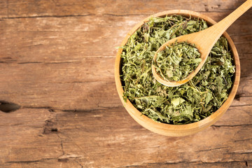 Leaves of the stevia plant - Stevia rebaudiana. Wood background