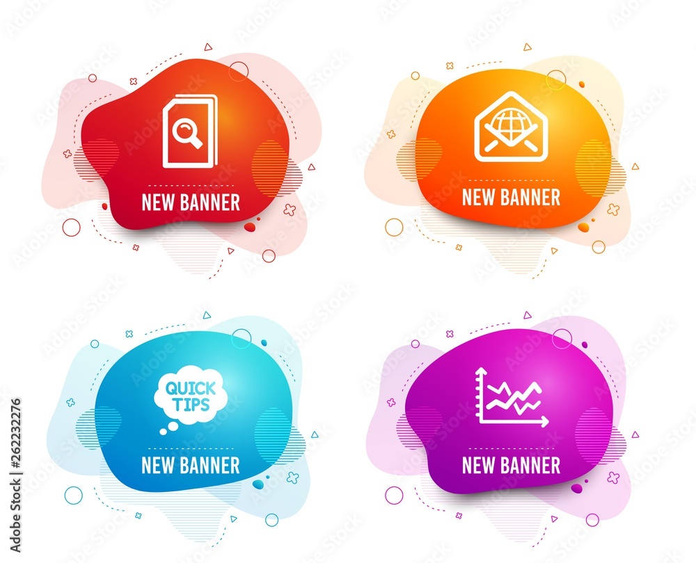Poster liquid badges. set of search files, web mail and quick tips icons. diagram chart sign. magnifying gl