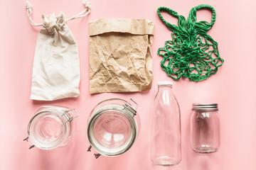 Set of jars and paper bag for zero waste storage and shopping. No Plastic.