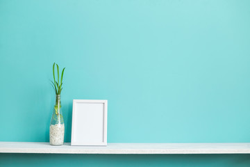 Modern room decoration with Picture frame mockup. White shelf against pastel turquoise wall with spider plant cuttings in water.